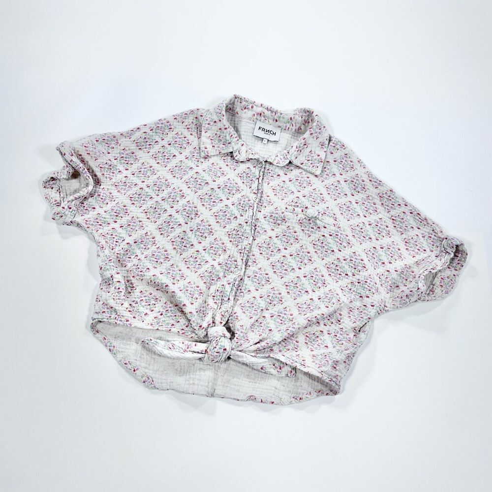 FRNCH tie front crop top shirt sleeve button down lightweight blouse S